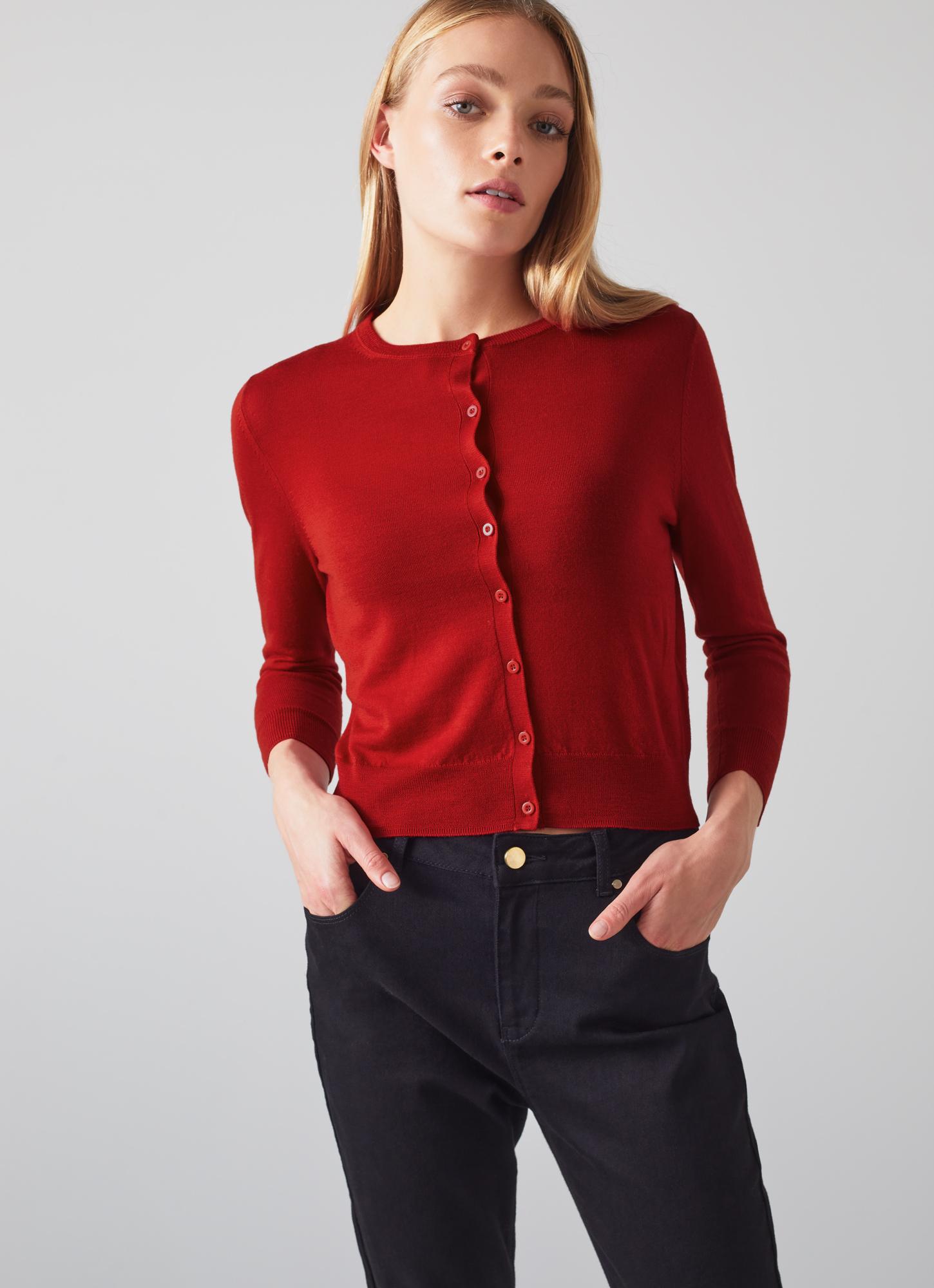 red merino cardigan
