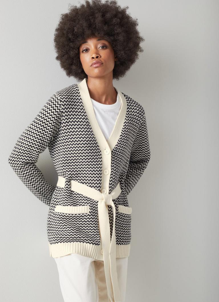 Turner Black and Cream Cotton Merino Zigzag Knit Belted Cardigan The Archive Sale L.K.Bennett London