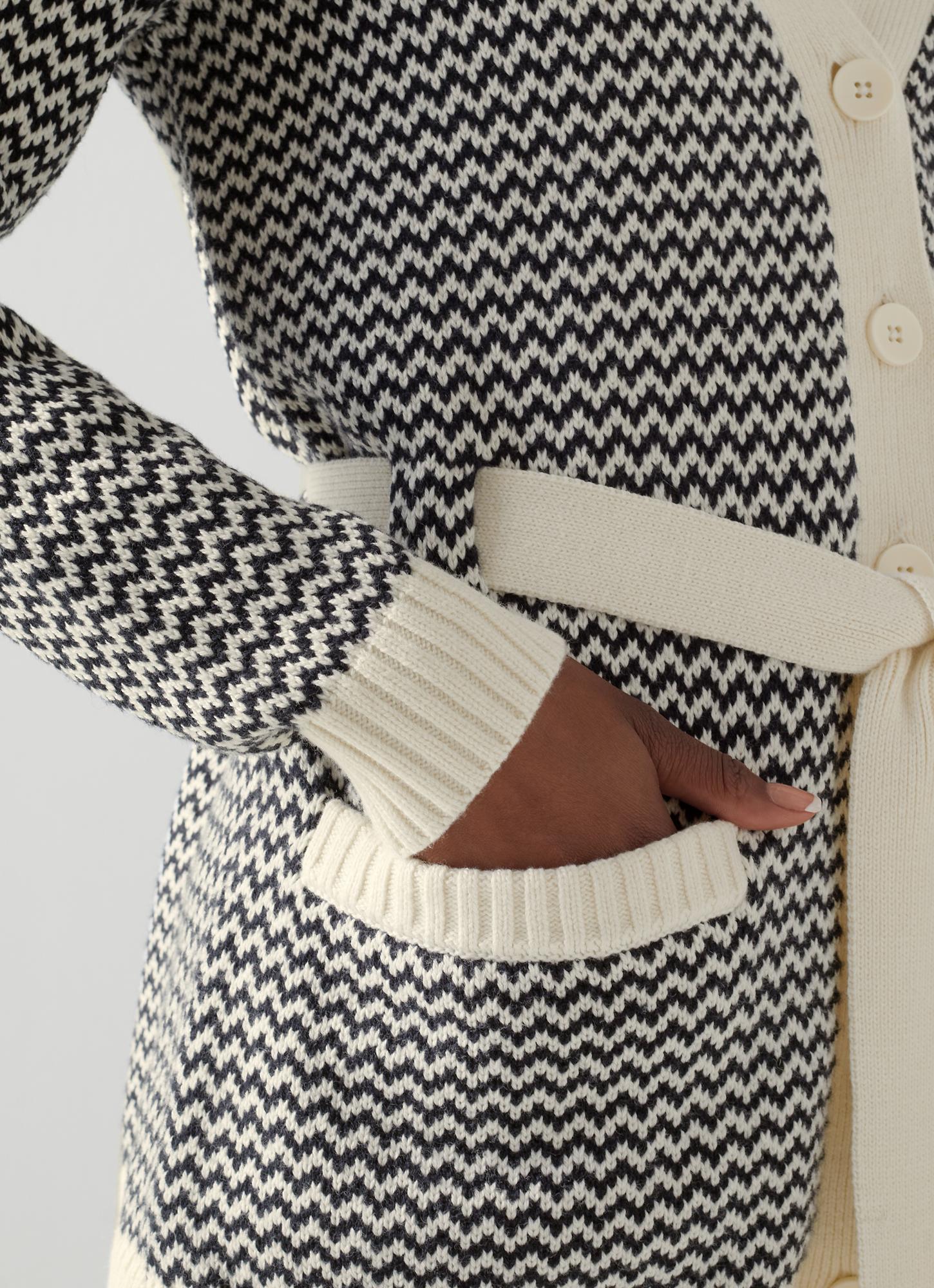 Turner Black and Cream Cotton-Merino Zigzag Knit Belted Cardigan