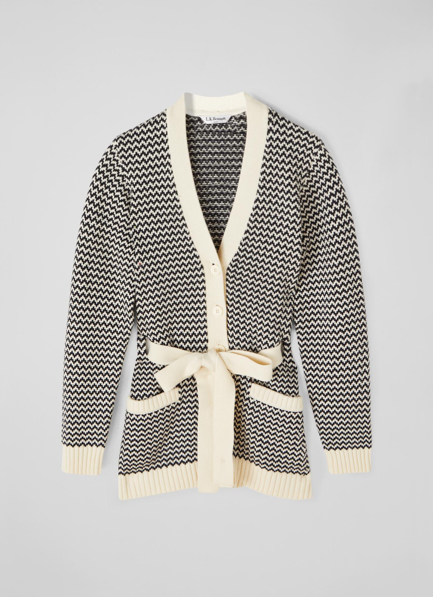 Turner Black and Cream Cotton-Merino Zigzag Knit Belted Cardigan
