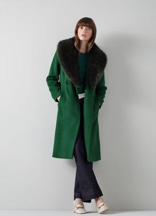 Ava Green Wool-Blend Faux Fur Collar Coat