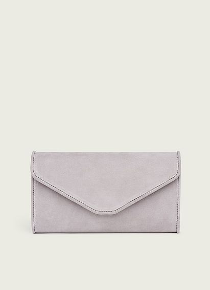 Large silver grey faux suede asymmetrical  clutch bag made in the UK.