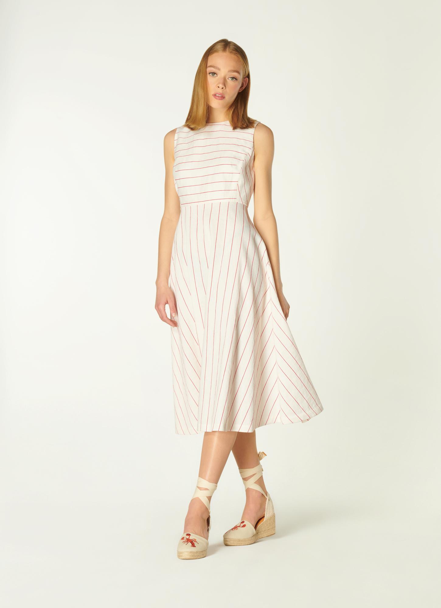 chinese dress ladies L. K. Bennett Taupe/Blue-Gray Striped Sleeveless Full-Skirted Linen Dr –  Christina Finn Style & Boutique