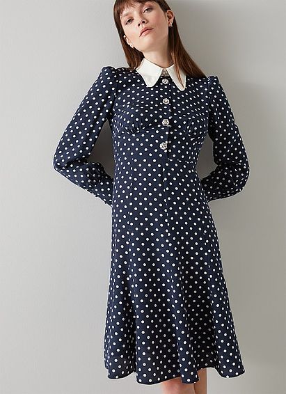 Mathilde Navy & Cream Polka Dot Silk Tea Dress Navy Blue, Navy Blue