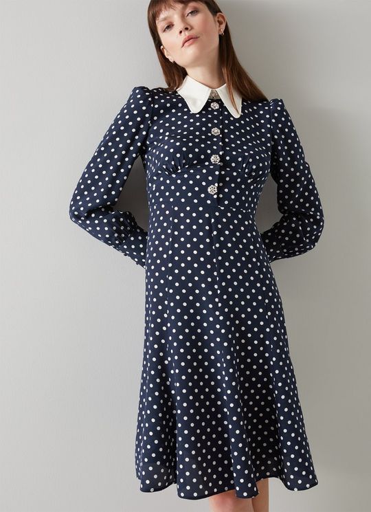 L.K.Bennett Mathilde Navy & Cream Polka Dot Silk Tea Dress, Navy Blue