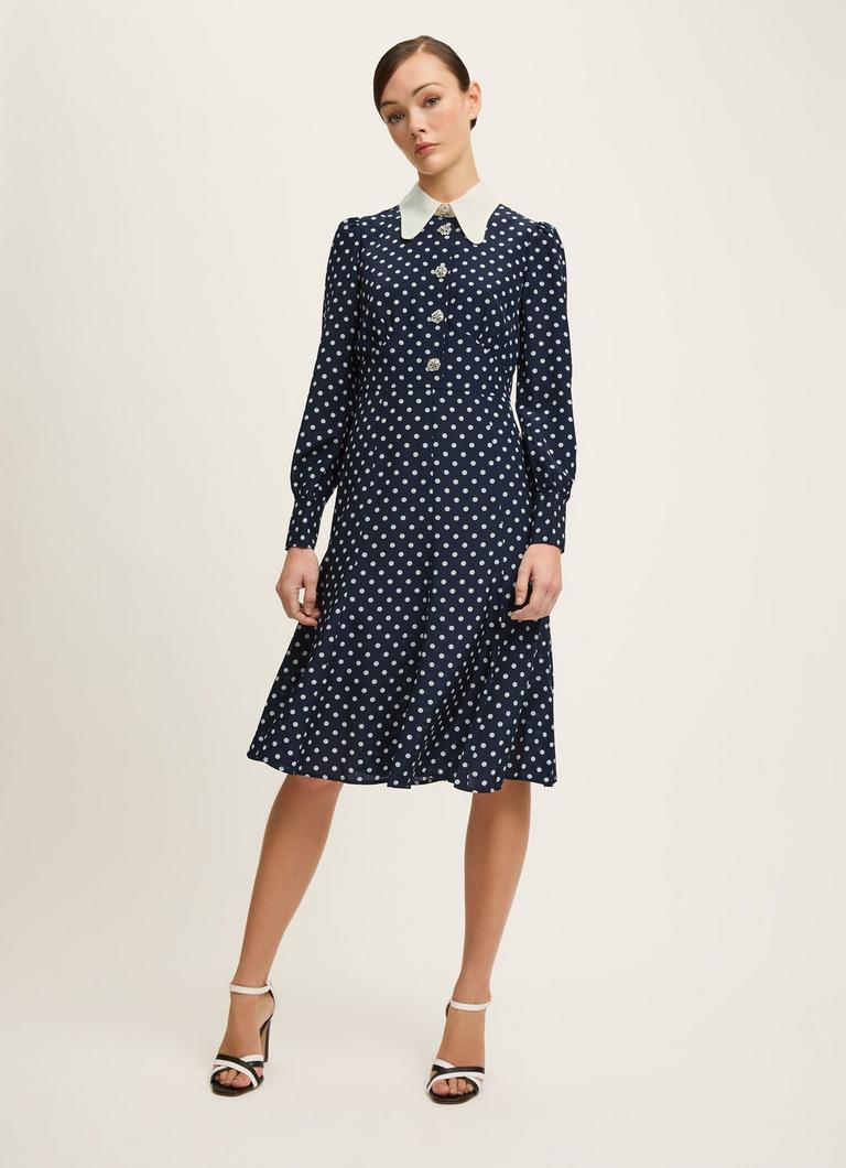 Mathilde Navy & Cream Polka Dot Silk Tea Dress