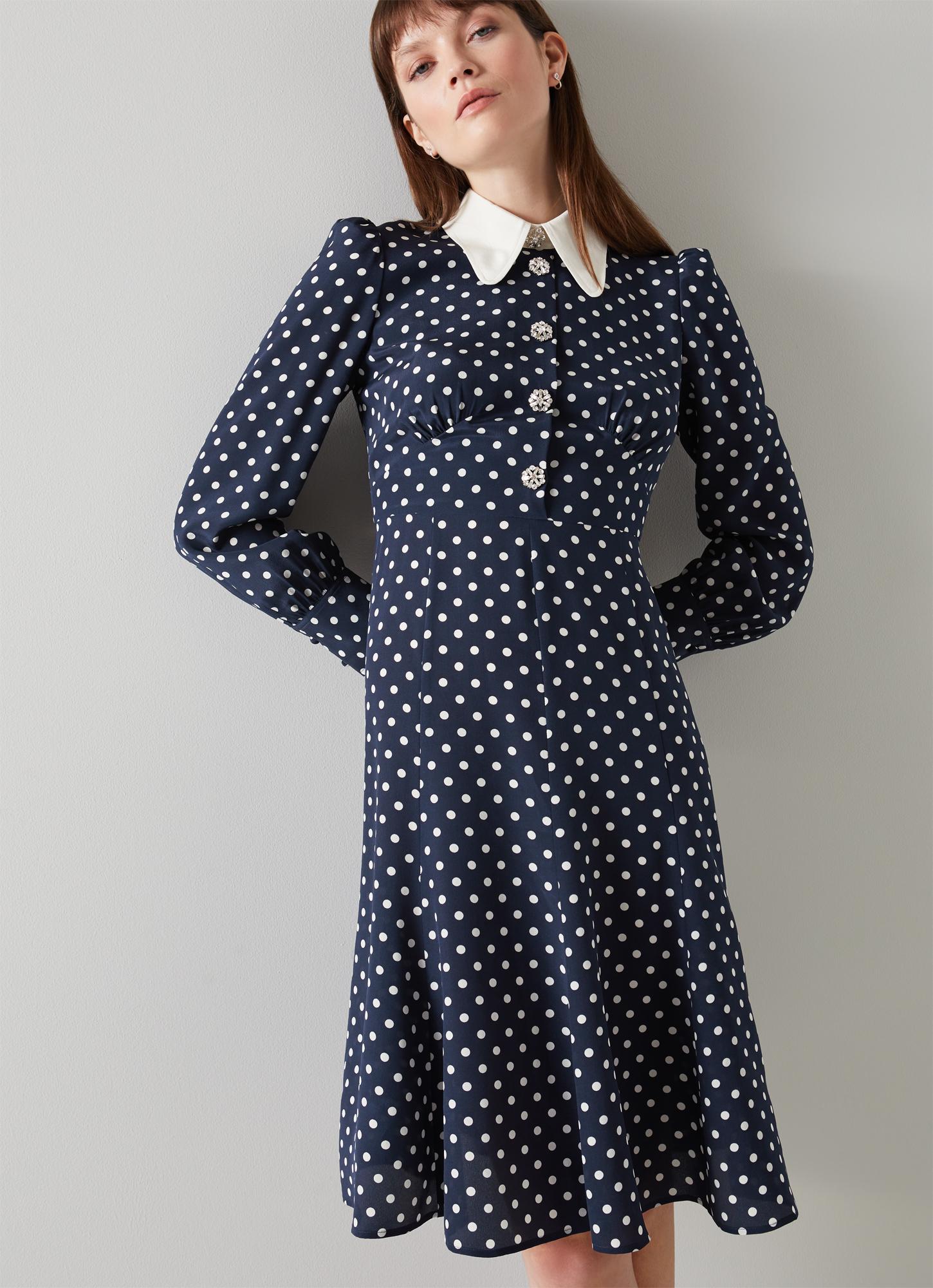 L.K.Bennett Mathilde Navy & Cream Polka Dot Silk Tea Dress, Navy Blue