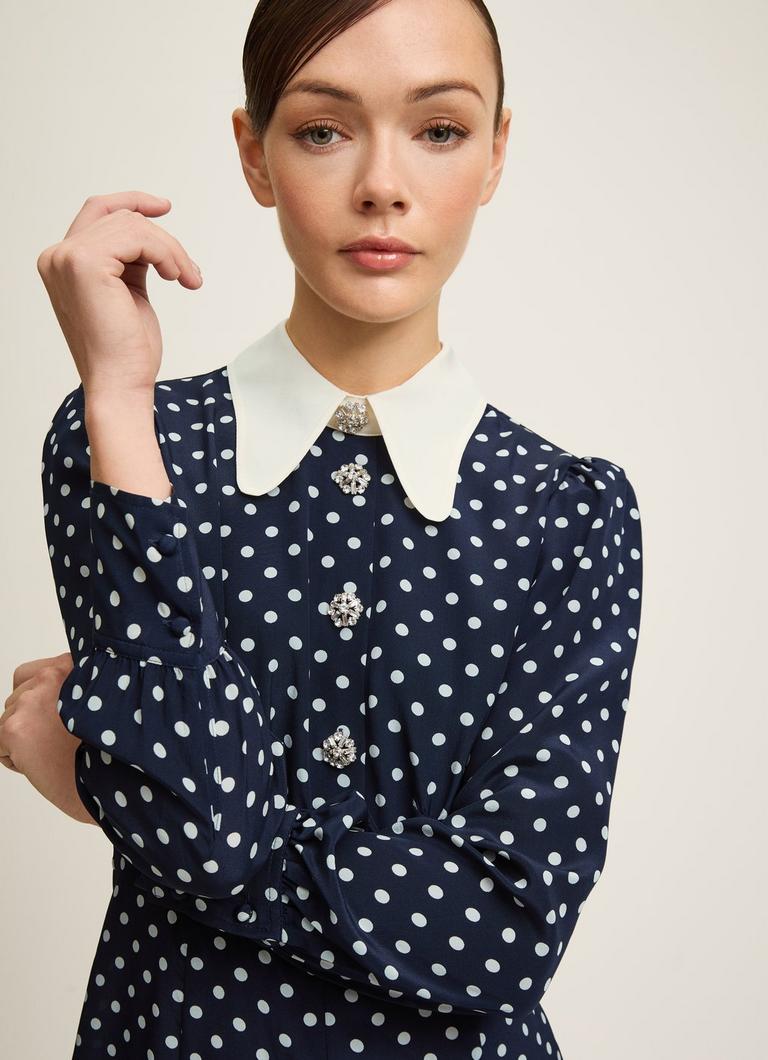 Mathilde Navy & Cream Polka Dot Silk Tea Dress