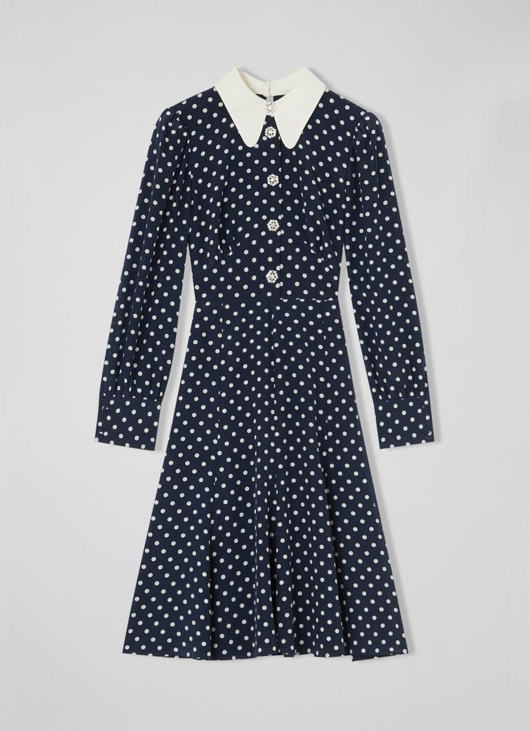 Mathilde Navy & Cream Polka Dot Silk Tea Dress