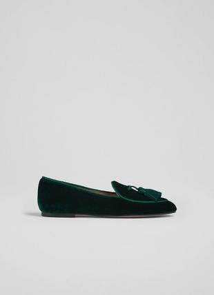 Liberty Green Velvet Tassel-Detail Slippers