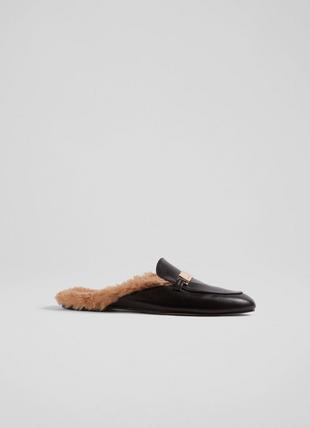 Louisa Black Leather Faux Fur-Lined Backless Loafers