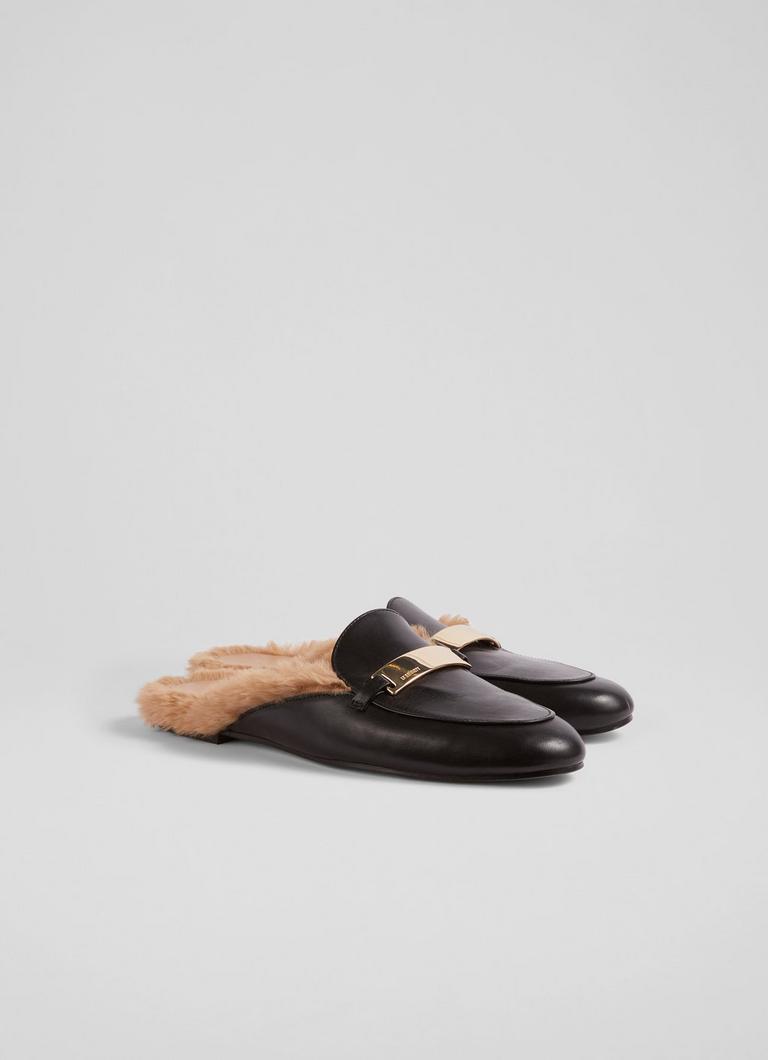 Louisa Black Leather Faux Fur Lined Backless Loafers