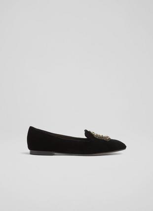 Milano Black Velvet Embellished Slippers