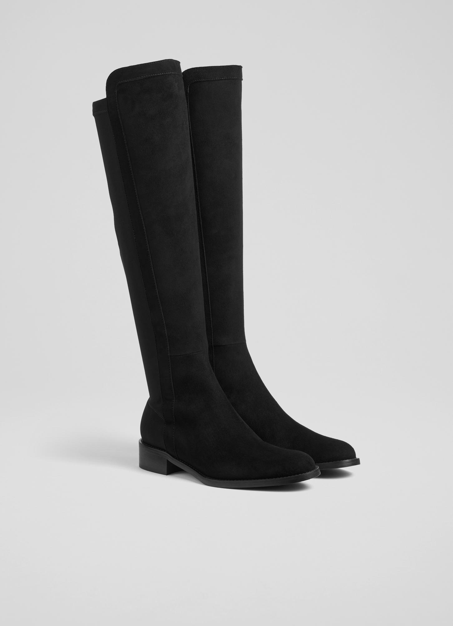 black suede boots flat knee high