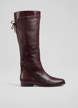 Cassandra Wine Croc-Effect Leather Flat Knee-High Boots