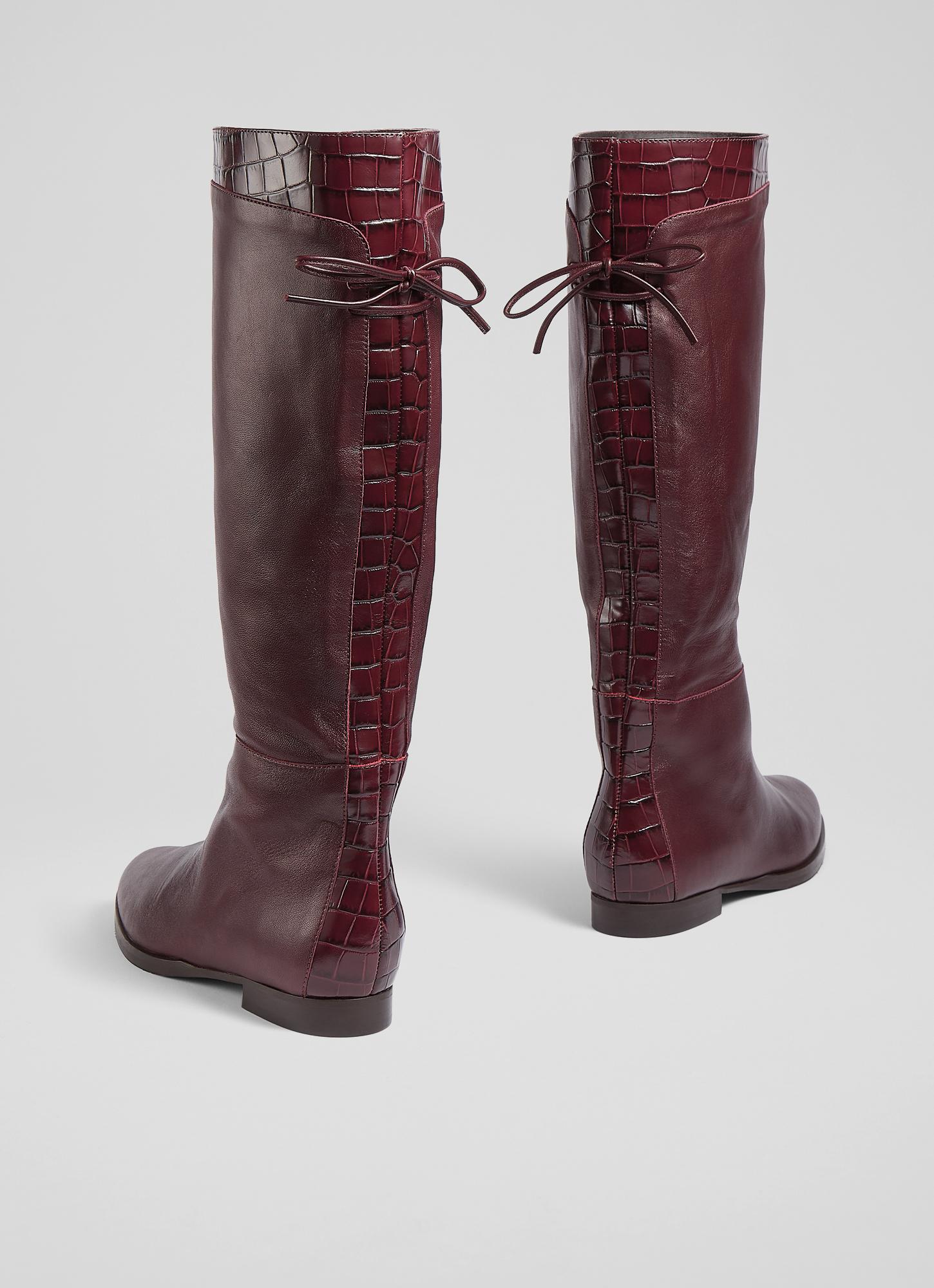 Cassandra Wine Croc-Effect Leather Flat Knee-High Boots The