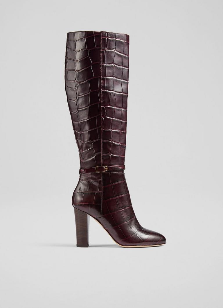 Morgan Brown Croc-Effect Leather Knee-High Boots