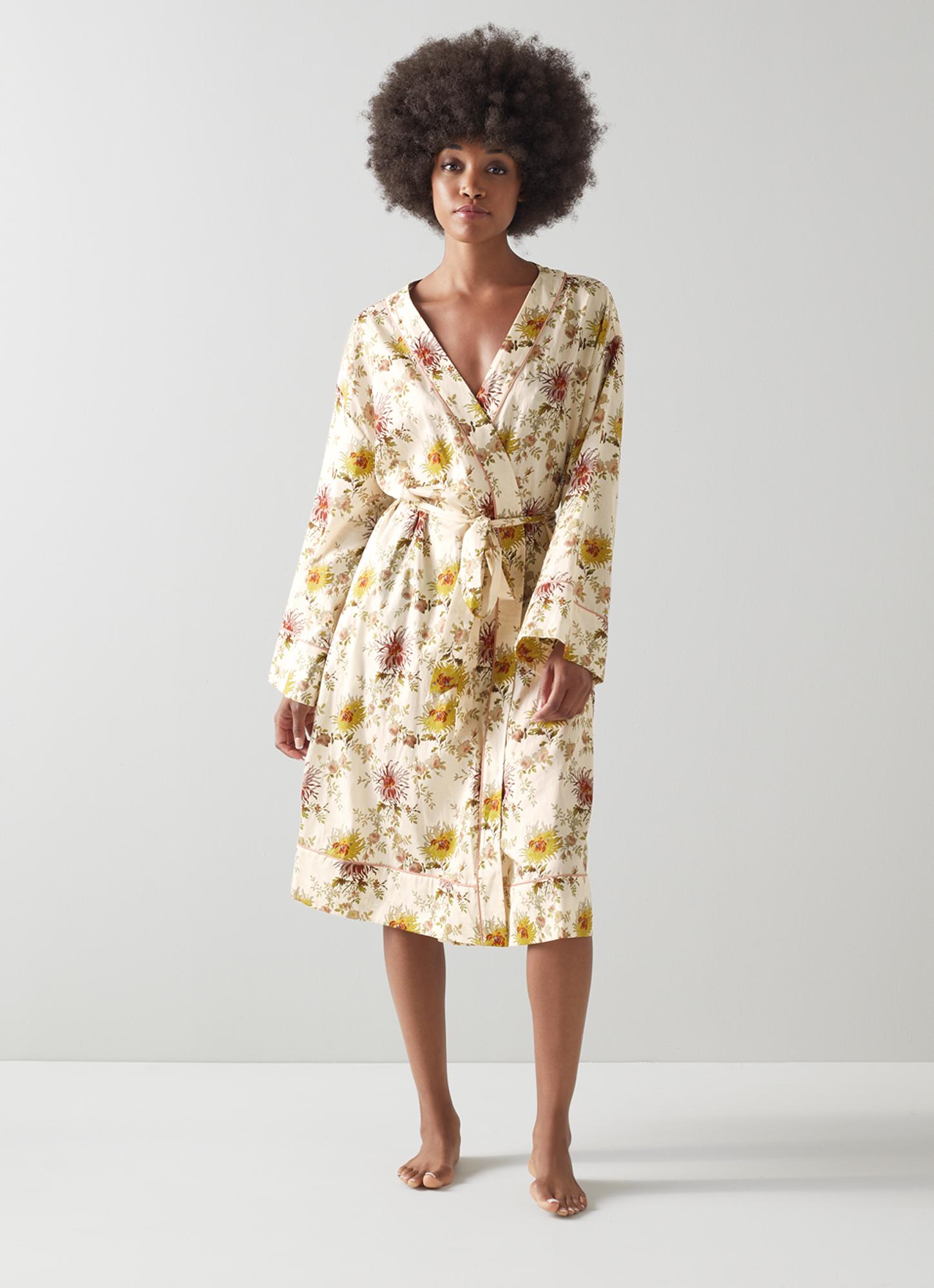 Amelia Floral Print Cream Cotton Robe