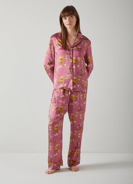 Ava Floral Print Pink Silk Pyjamas