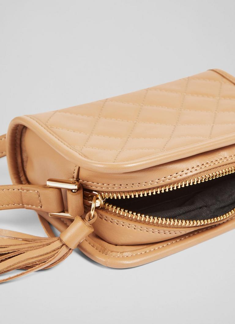 Emma Camel Leather Quilted Crossbody Bag