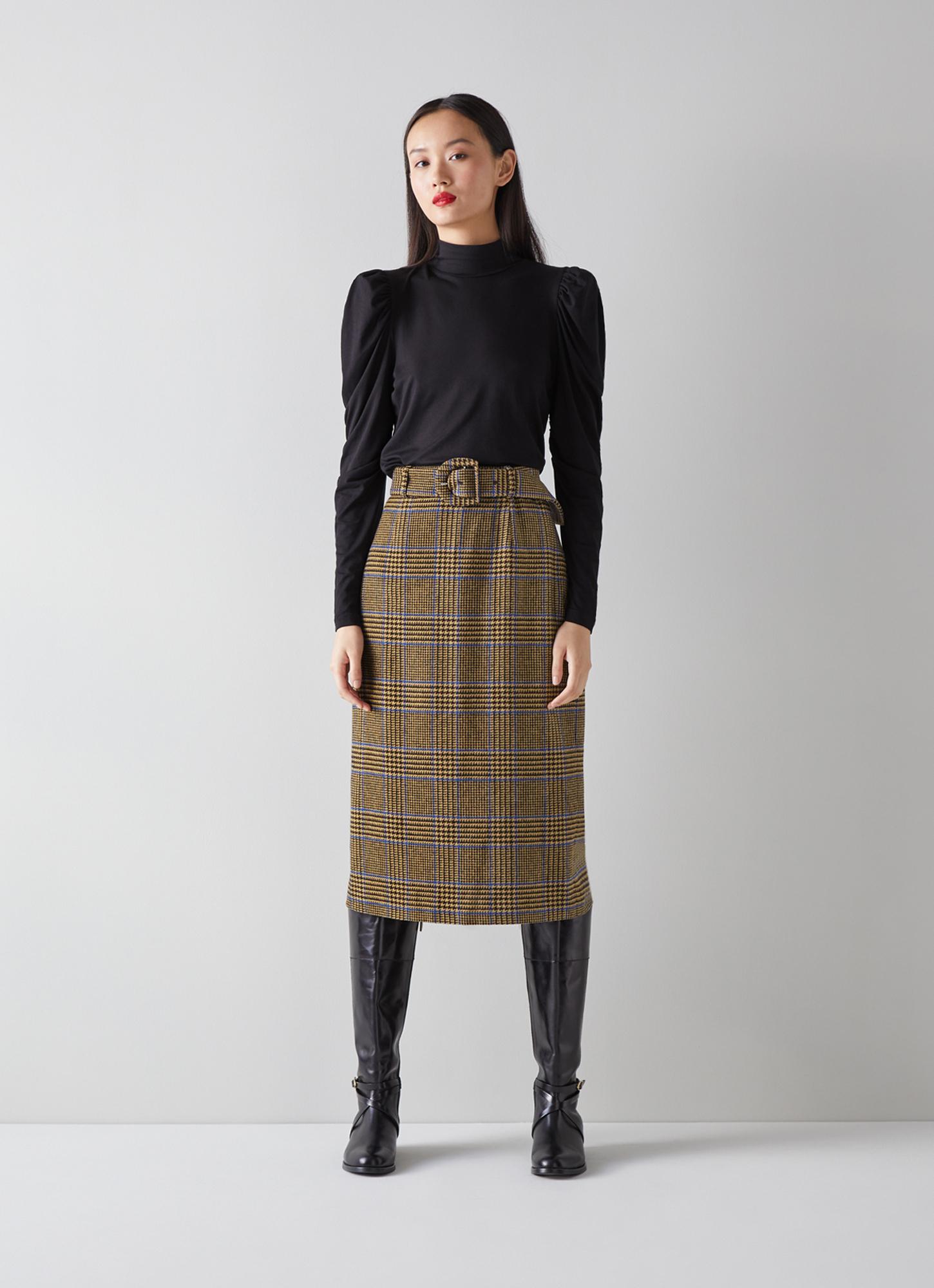 Gabriel Brown and Blue Check Wool-Blend Pencil Skirt The Archive