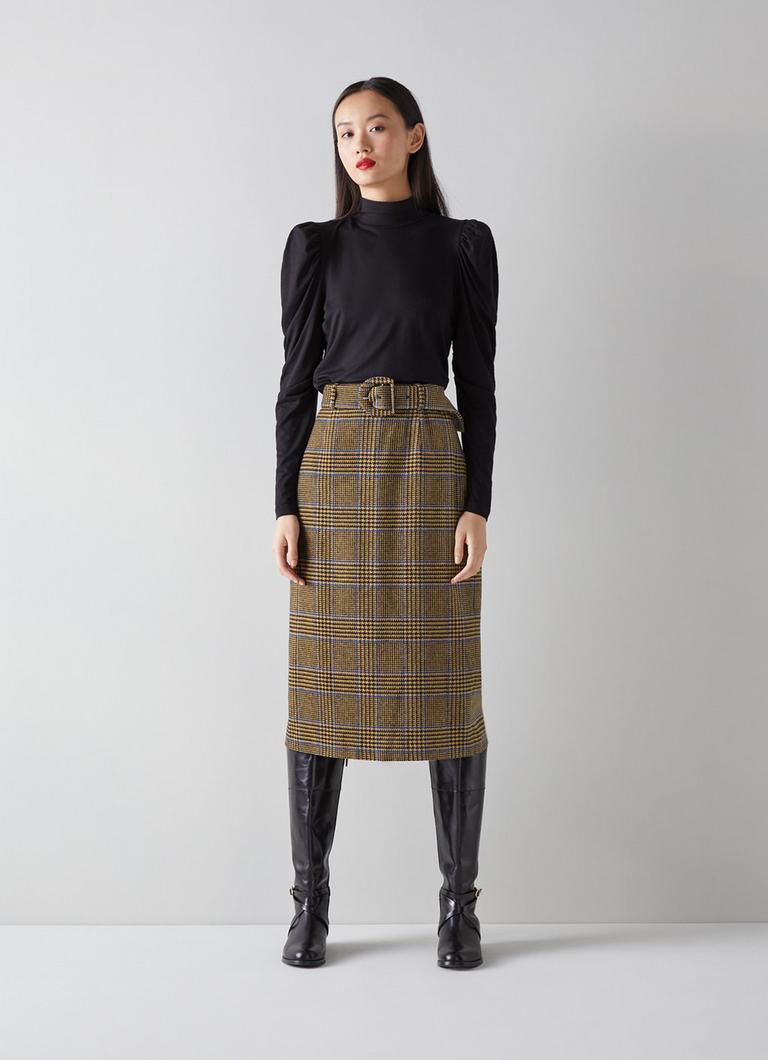 Gabriel Brown and Blue Check Wool-Blend Pencil Skirt The Archive