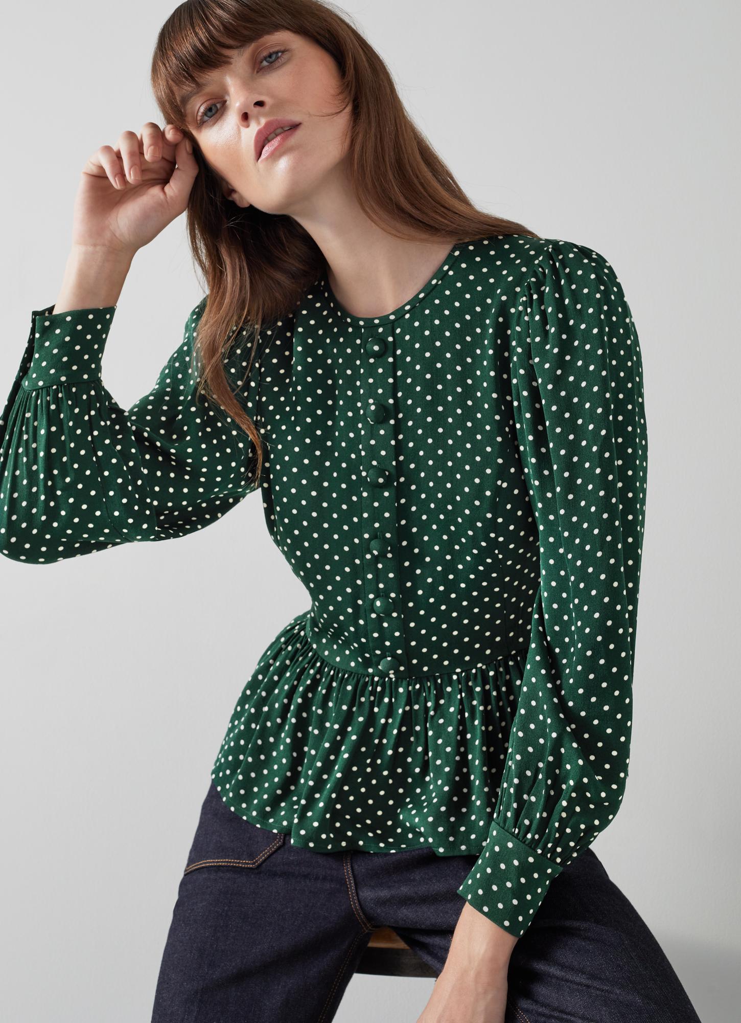 green and black polka dot blouse