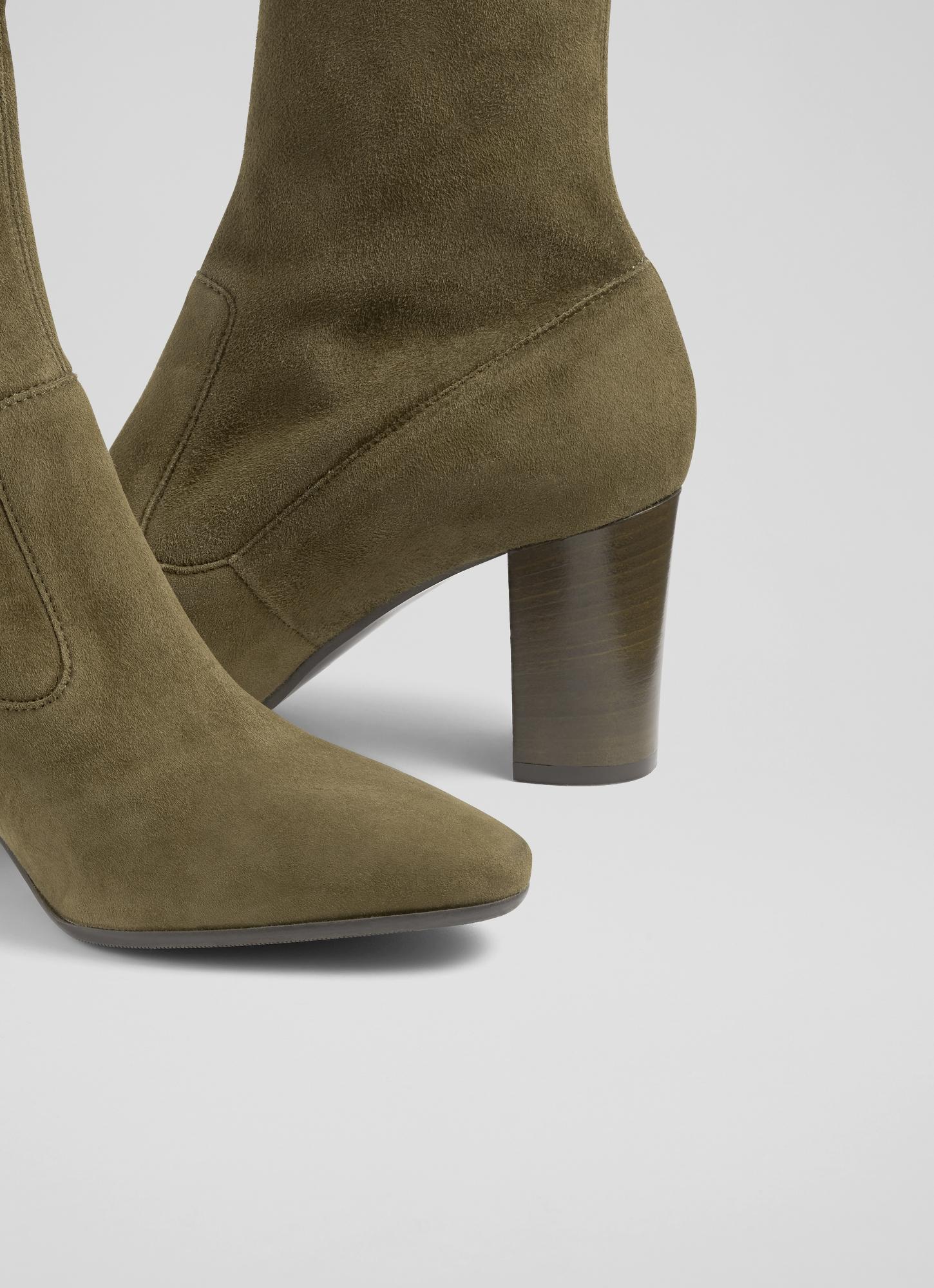Yulia Knee High Boot | Olive Wood Suede Heel Boot by Sam Edelman Olive you suede stretch boot display picture 1