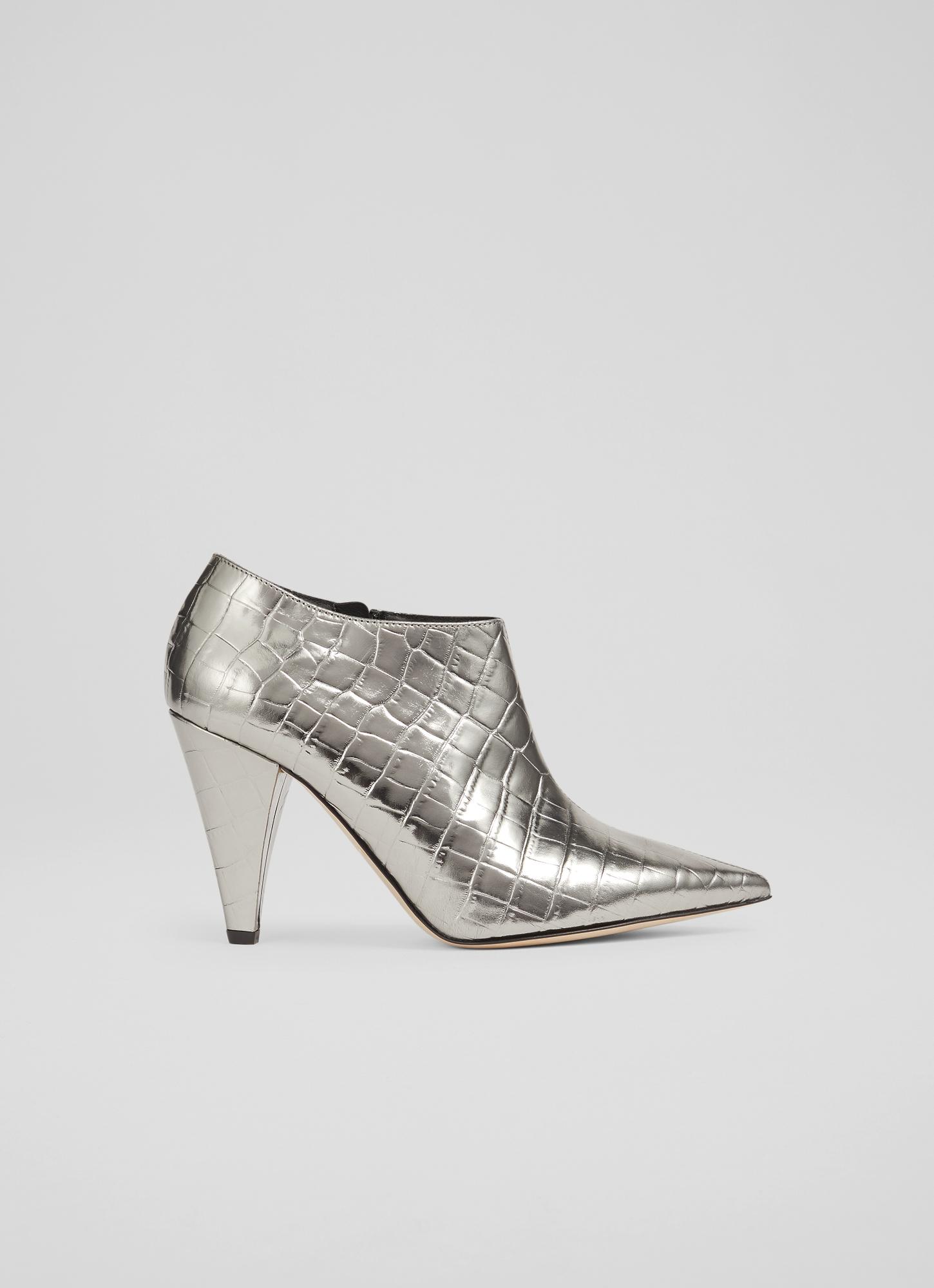 Talulla Silver Croc-Effect Leather Cone Heel Shoe Boots