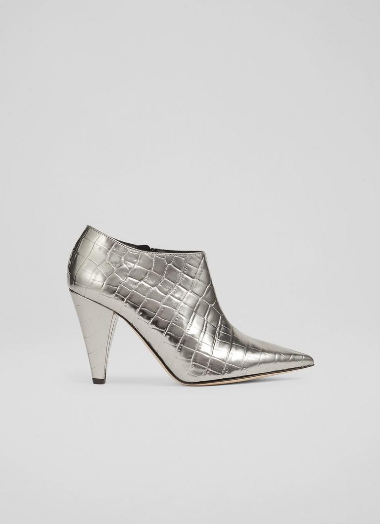 Talulla Silver Croc-Effect Leather Cone Heel Shoe Boots