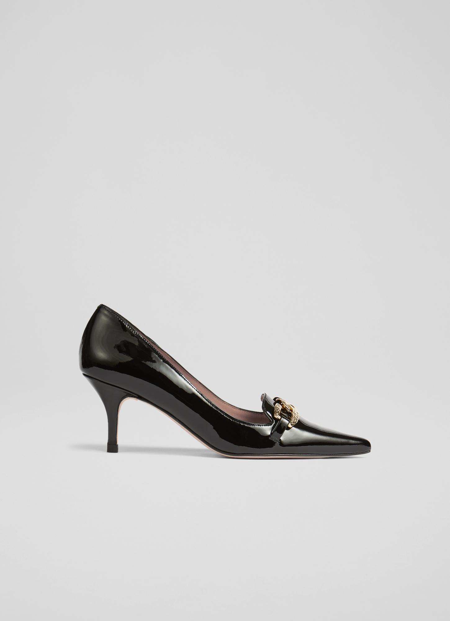 Anna Black Patent Leather Hammered Gold Chain Courts