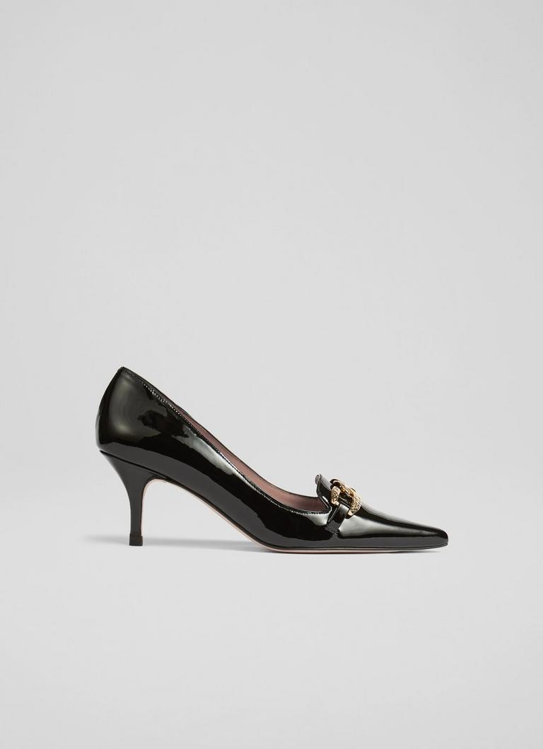 Anna Black Patent Leather Hammered Gold Chain Courts