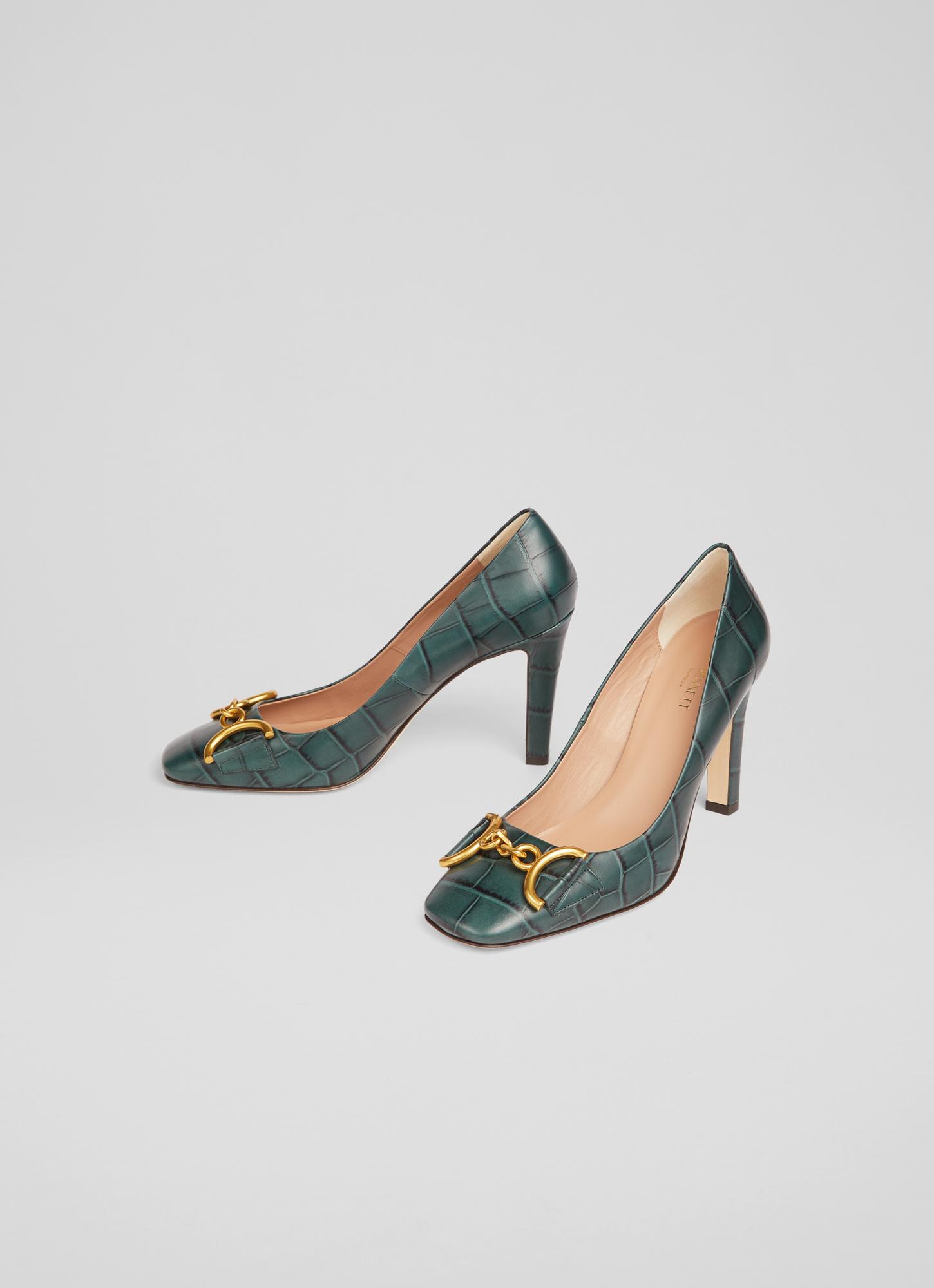 Gianna Sea Green Croc-Effect Leather Snaffle-Detail Courts