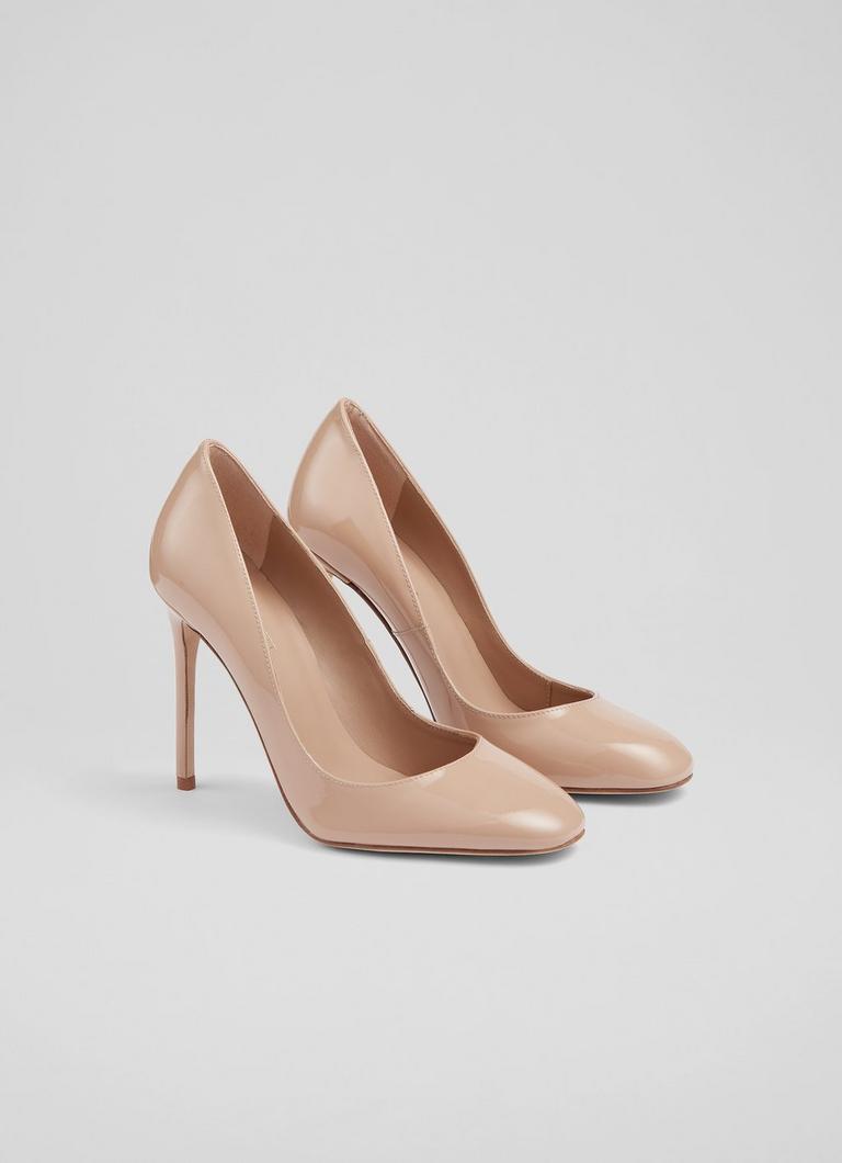 Beige patent top leather shoes