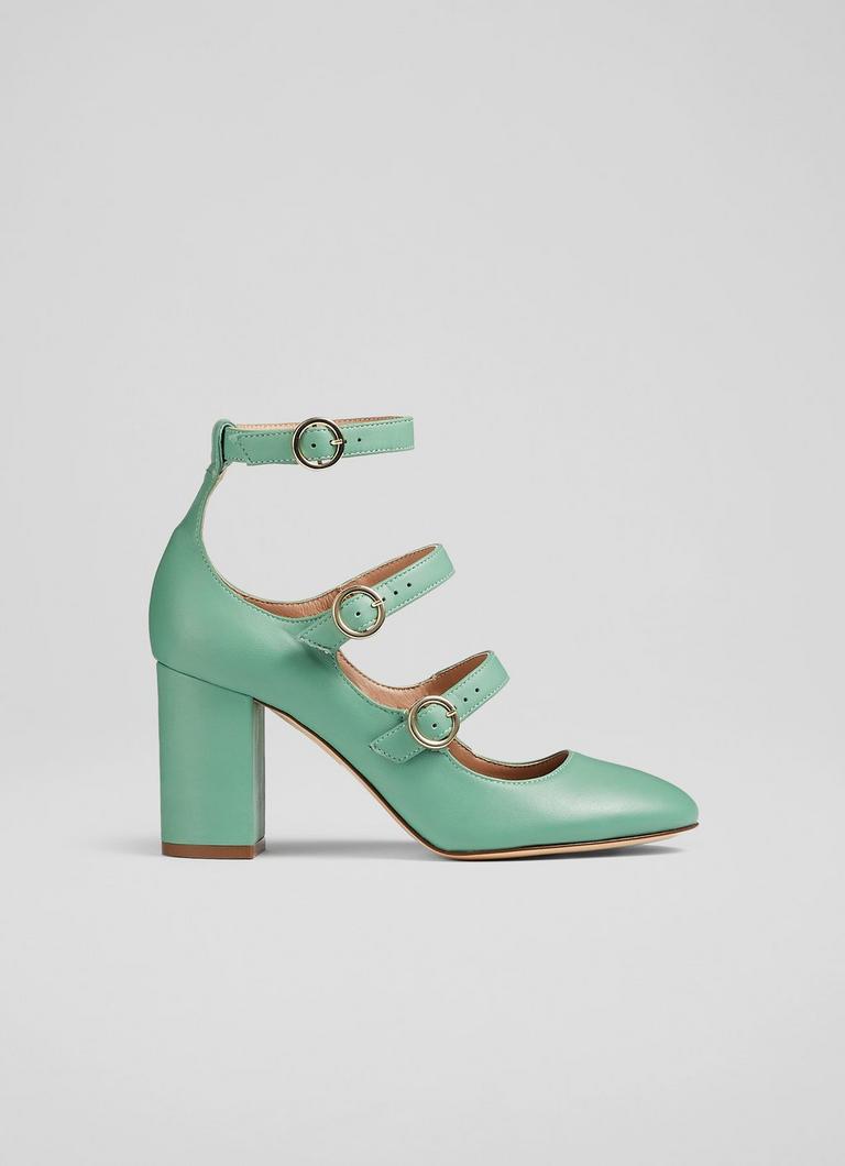 Letitia Green Leather Multi-Strap Heels