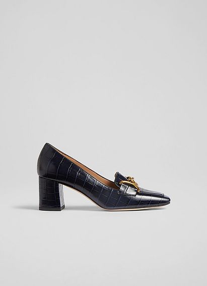 Samantha Navy Croc-Effect Leather Snaffle-Detail Courts Navy Blue, Navy Blue