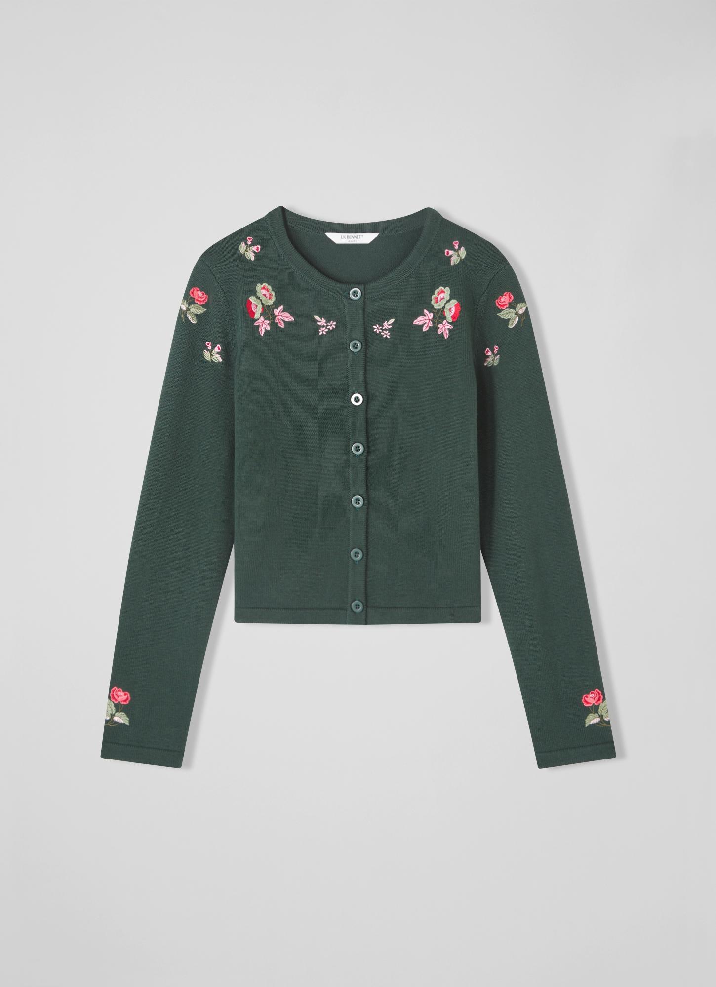 Monty Green Cotton-Wool Floral Embroidered Cardigan | The Archive