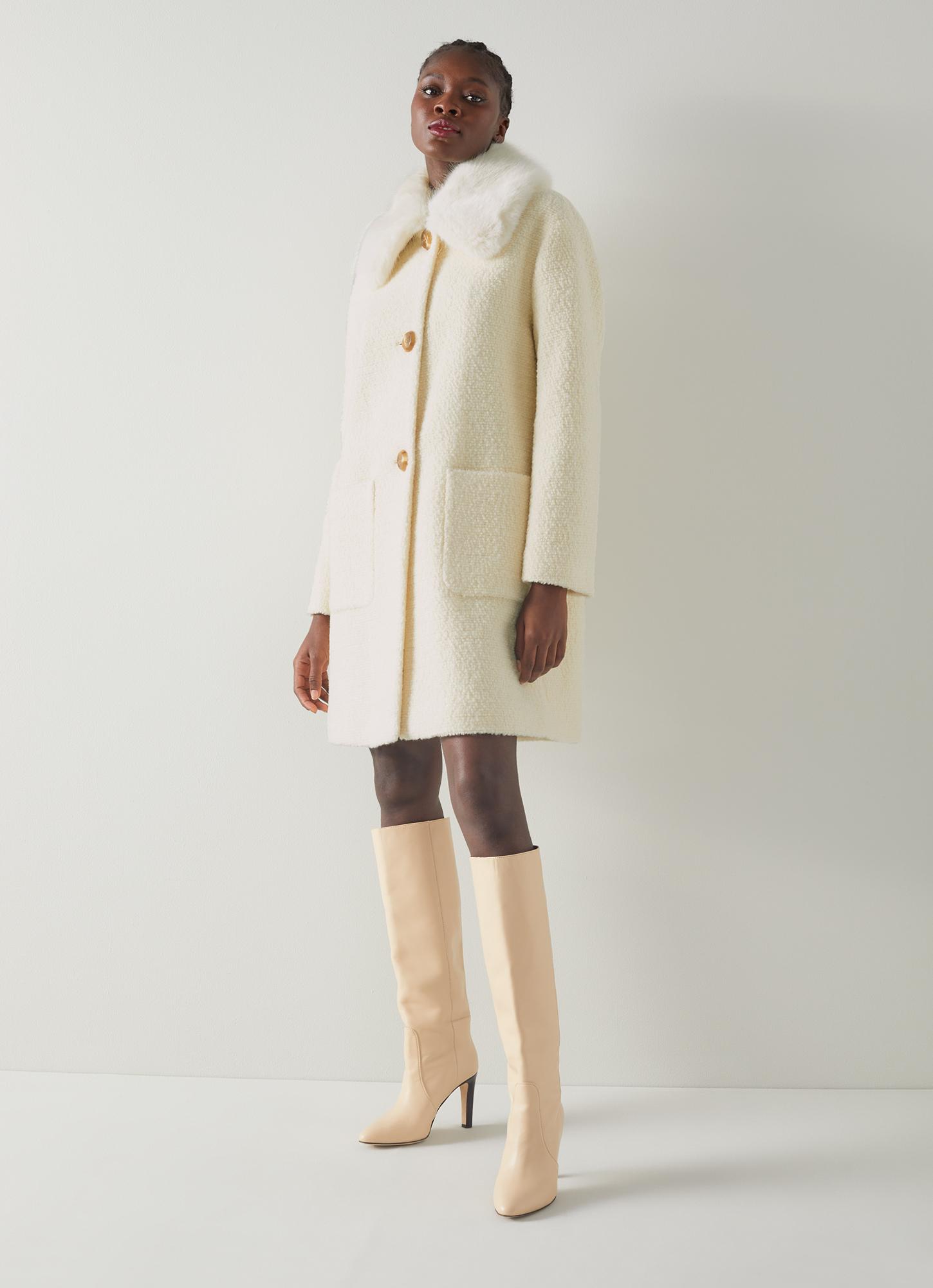 Aster Cream Wool-Blend Bouclé Faux Fur Collar Coat | Clothing