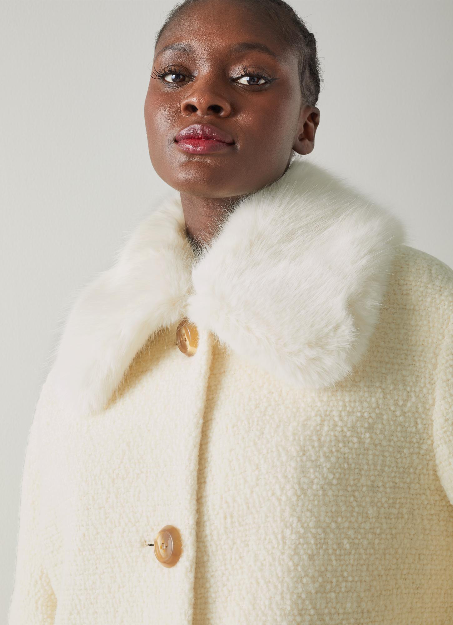 Aster Cream Wool-Blend Bouclé Faux Fur Collar Coat | Sale