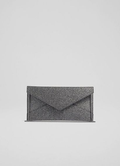 Kendall Black Glitter Fabric Envelope Clutch Bag, Black