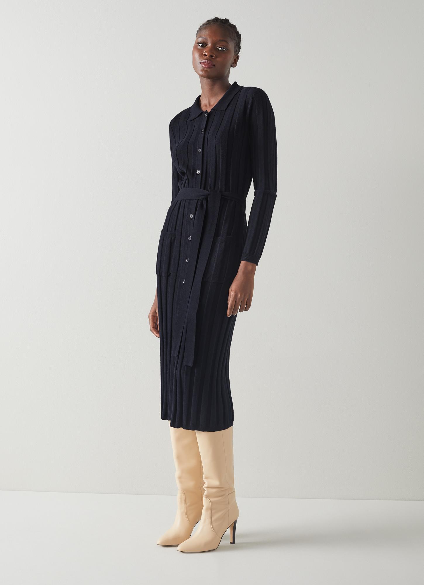 Ali Navy Wool-Cotton Ribbed Knit Dress | blackfriday | L.K.Bennett