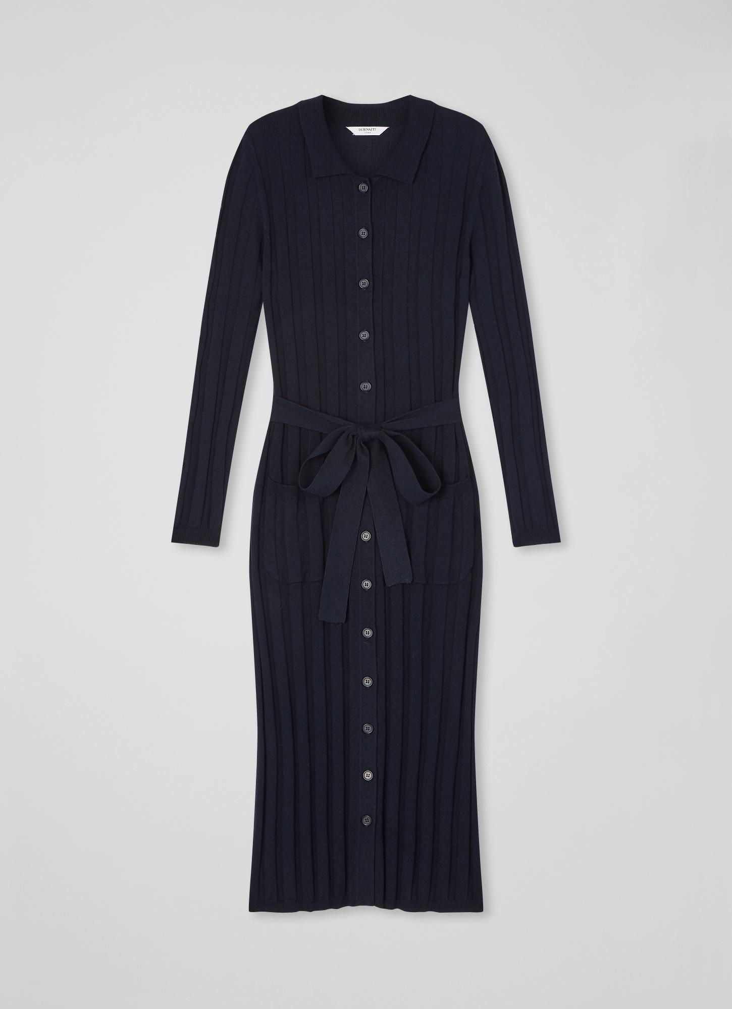 Ali Navy Wool-Cotton Ribbed Knit Dress | blackfriday | L.K.Bennett