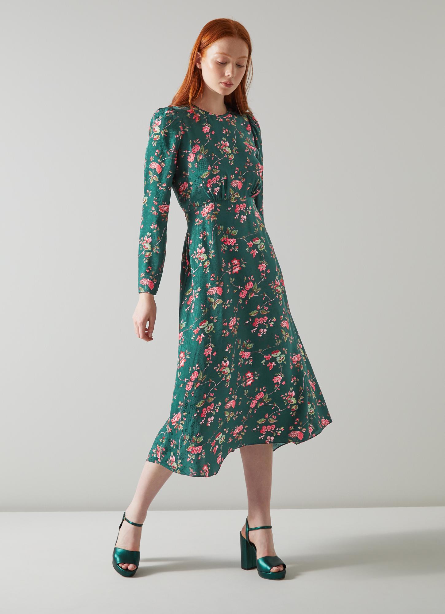 Angelica Green Silk Floral Jacquard Clematis Print Midi Dress