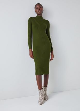 Brigitte Green Merino Wool Ribbed Knitted Dress