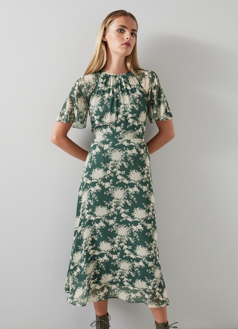 LK Bennett Elowen ドレス Elowen Green Chrysanthemum Print Midi Dress | The Archive