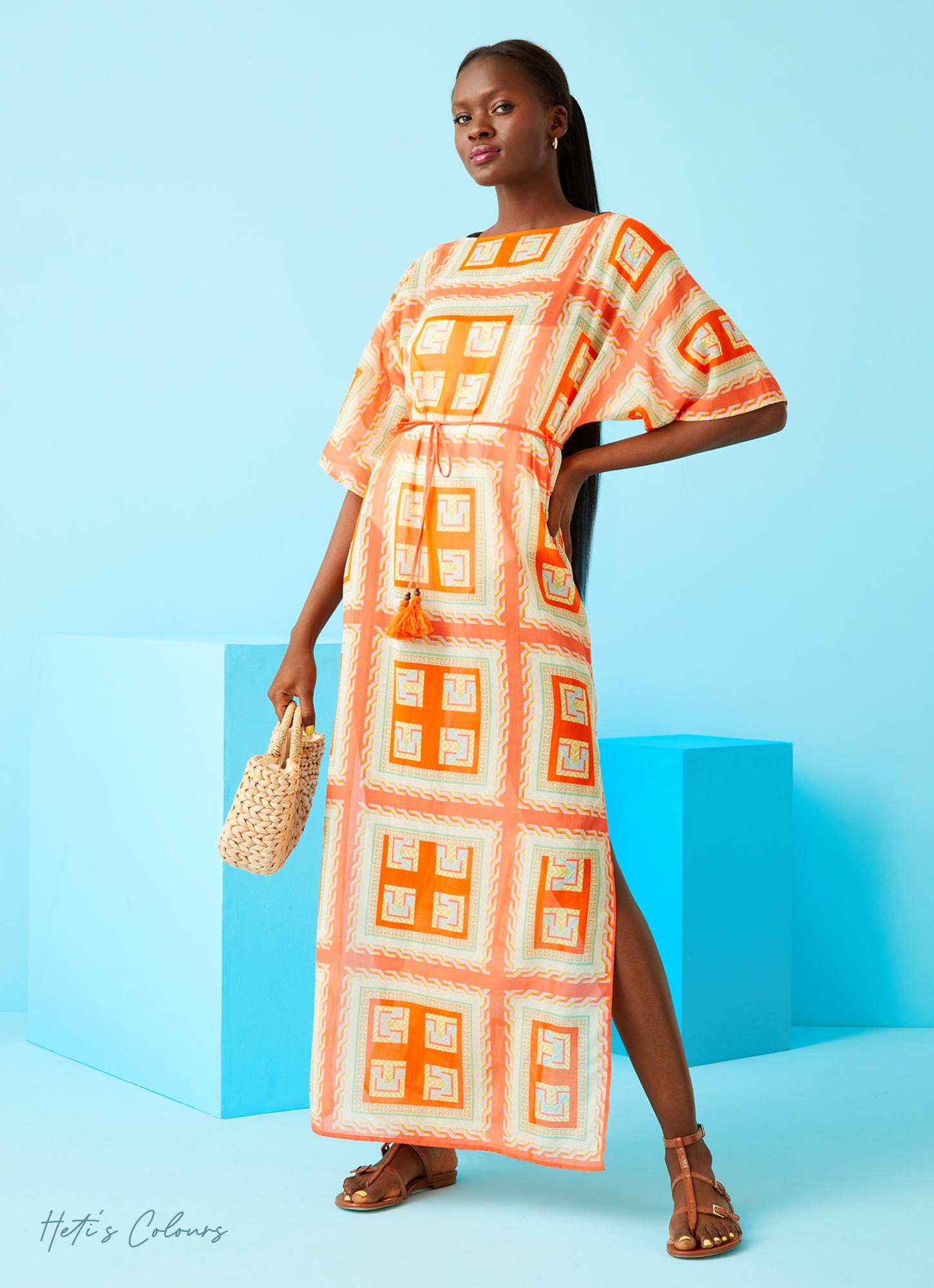 Isabella Pink and Orange Geometric Print Column Dress | The
