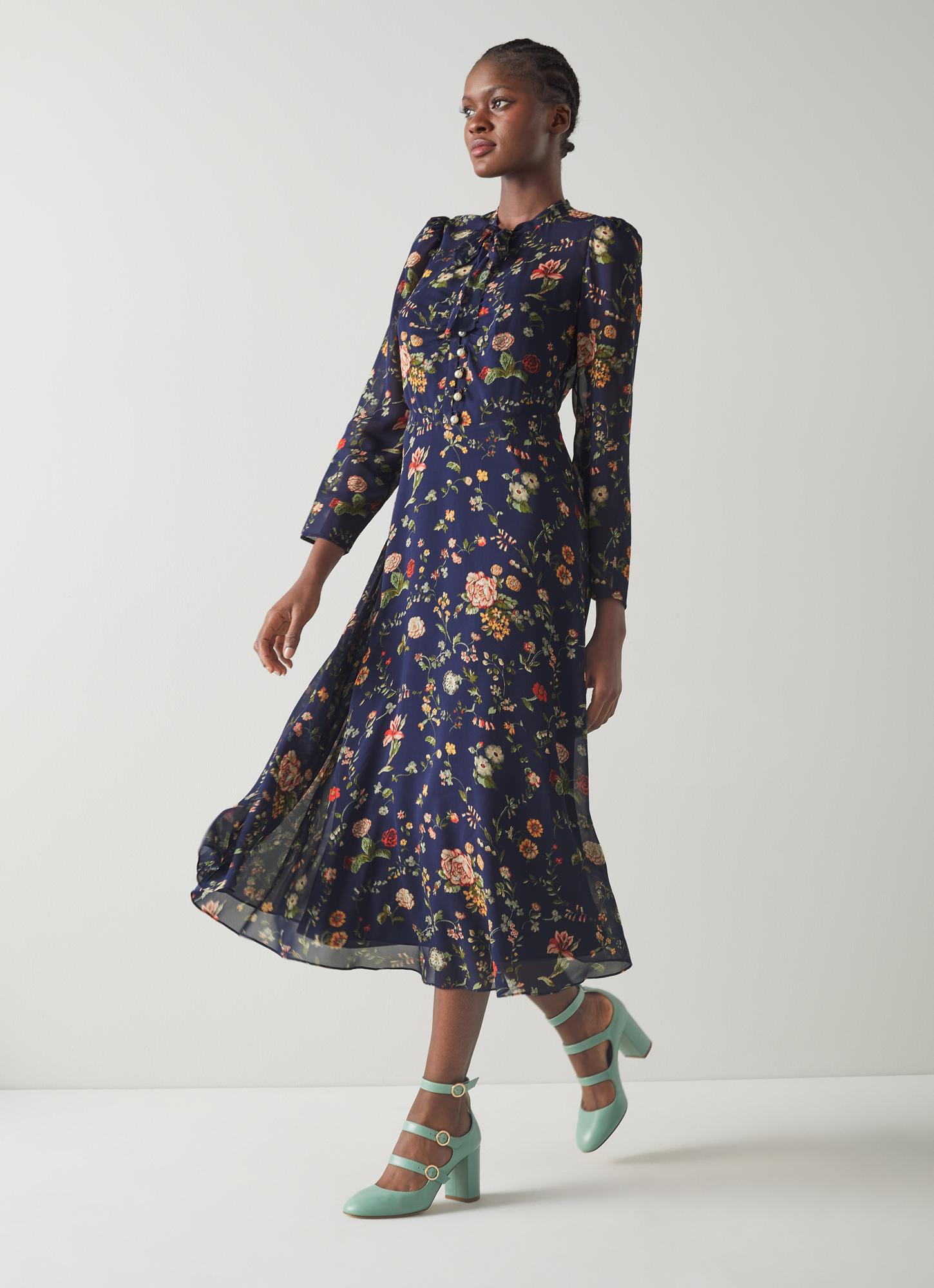 Keira Navy Camelia Print Silk Georgette Midi Dress Occasion