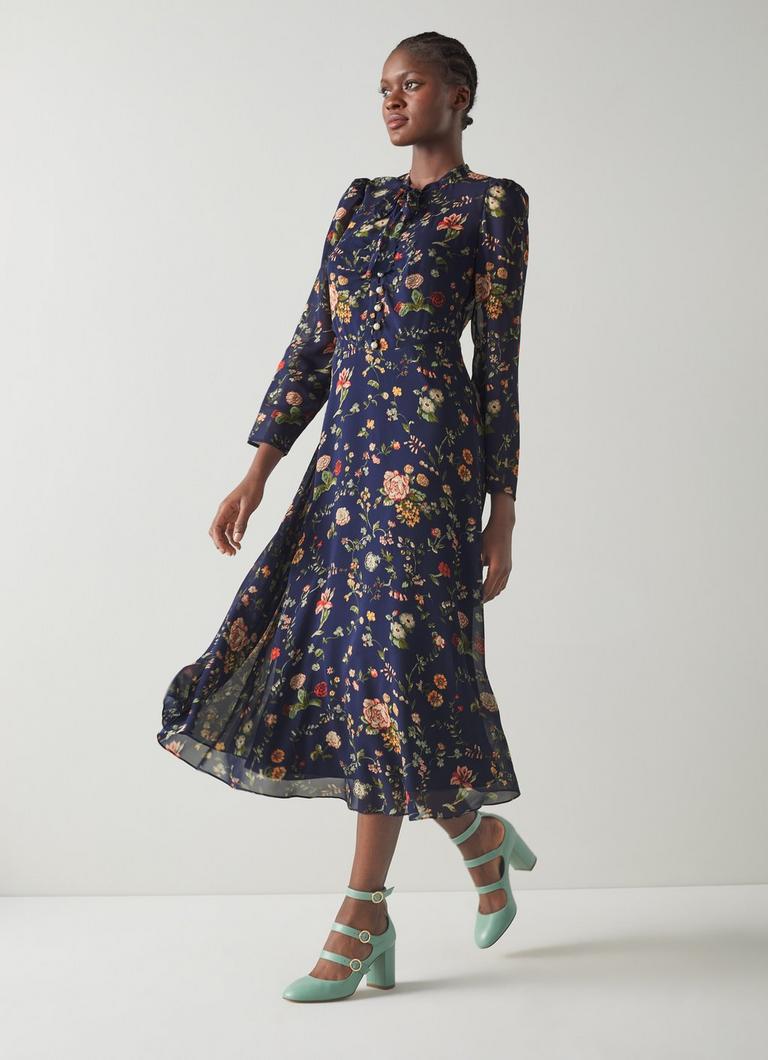 Keira Navy Camelia Print Silk Georgette Midi Dress Occasion