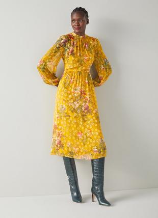 Leandra Yellow Camelia Print Silk Devoré Midi Dress