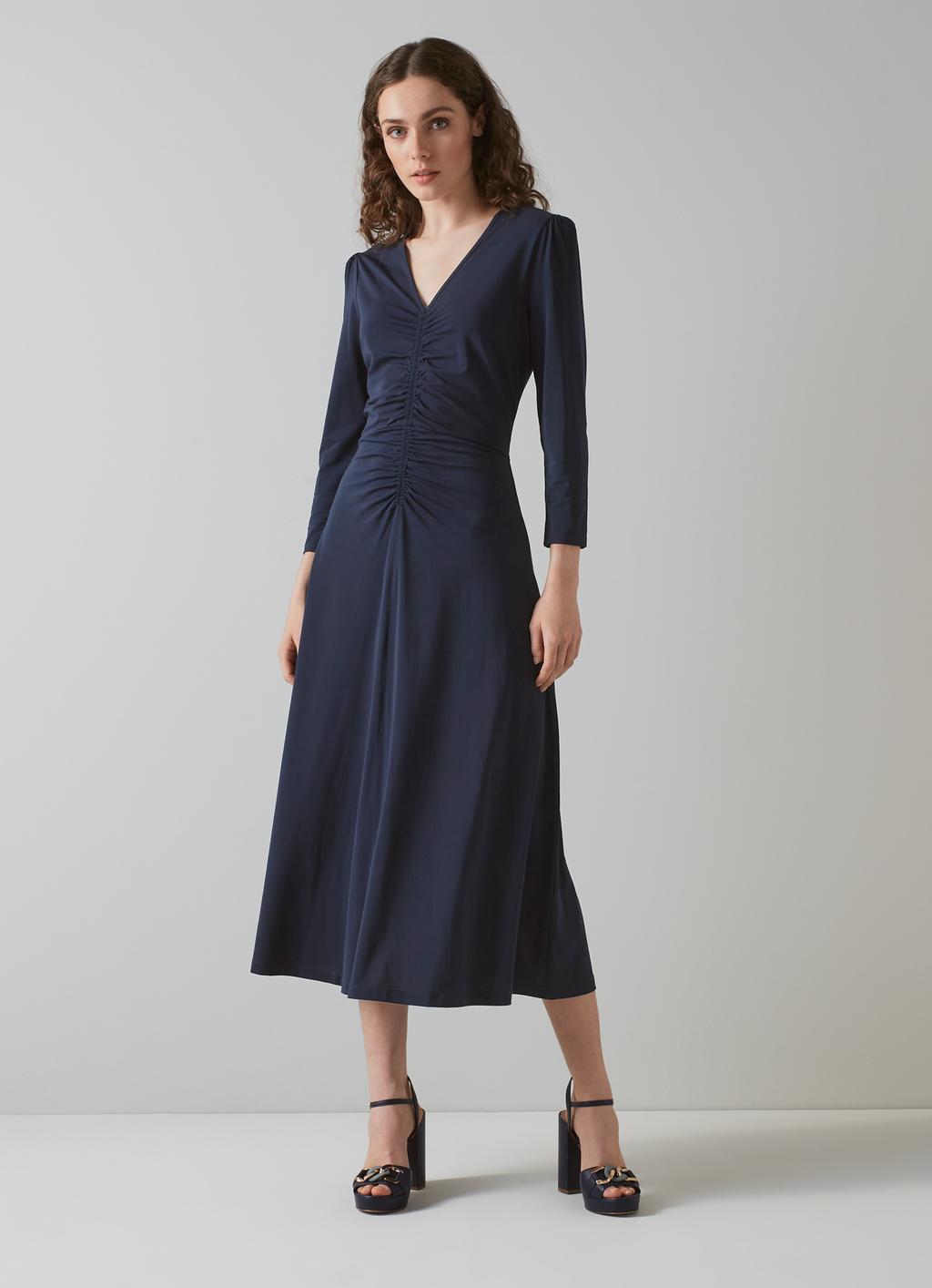 Lottie Navy Blue Ruched Front Midi Dress